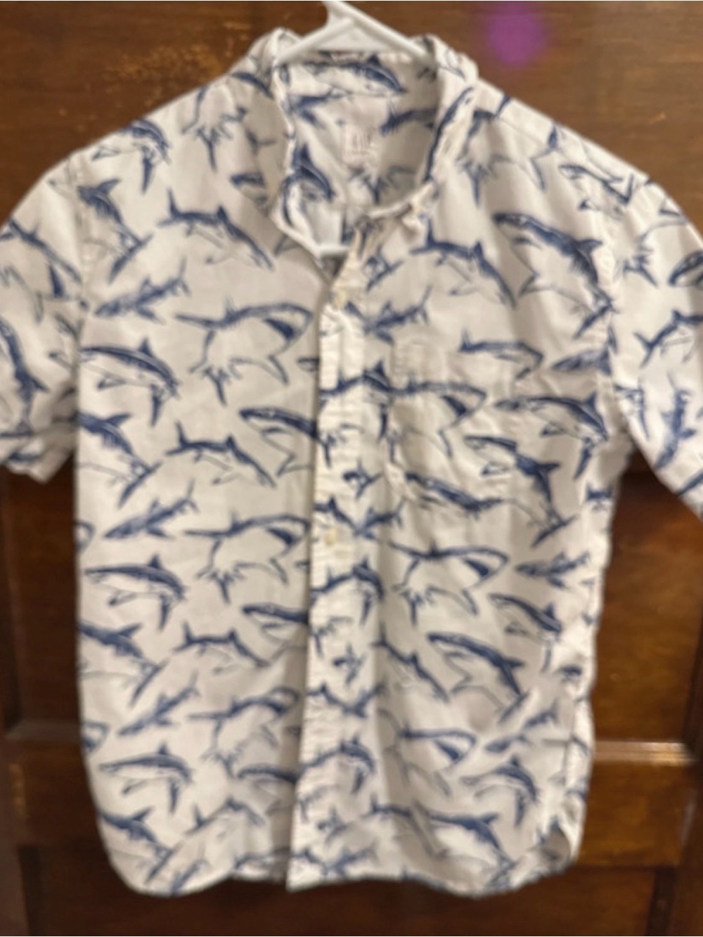 GAP White Short-Sleeve Button-Down Shirt with Blue Shark Print